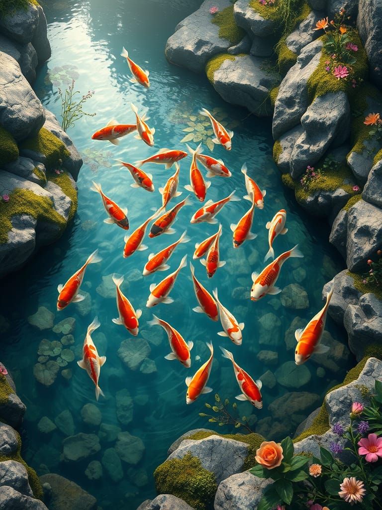 Koi Fish in Mystical Pond Landscape