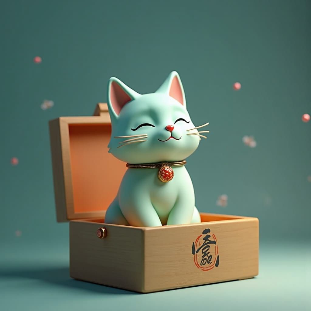 Mint Cat in Ornate Box with Japanese Kanji