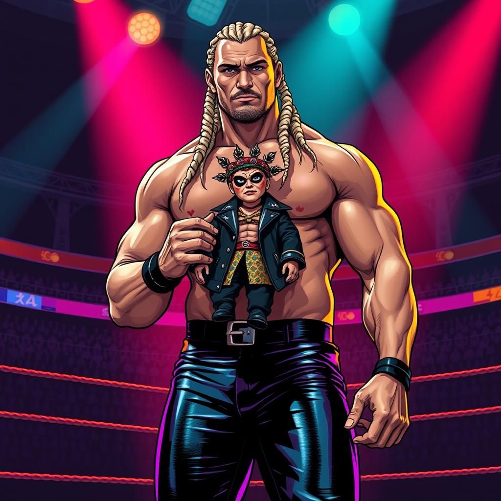 Gorgeous tan buff male with blonde braids in tight leather p...