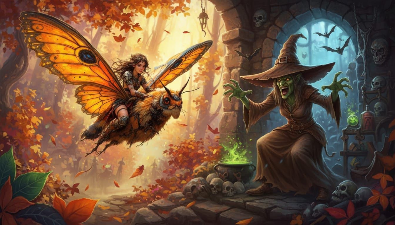 Fairy Escapes Evil Witch on Moth