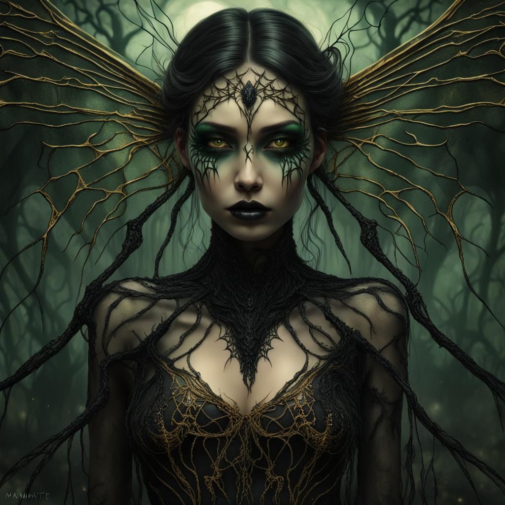 Cursed Crystal Fairy with Black and Gold Fog in Surrealist A...