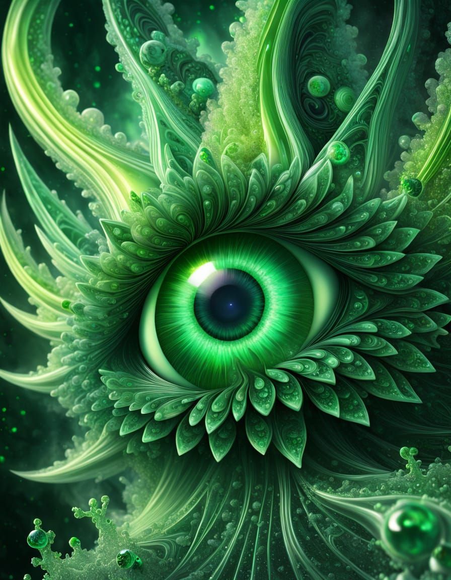 Anthropomorphic Foamy Cacoxenite Fractal with All-the-Greenstones Eyes