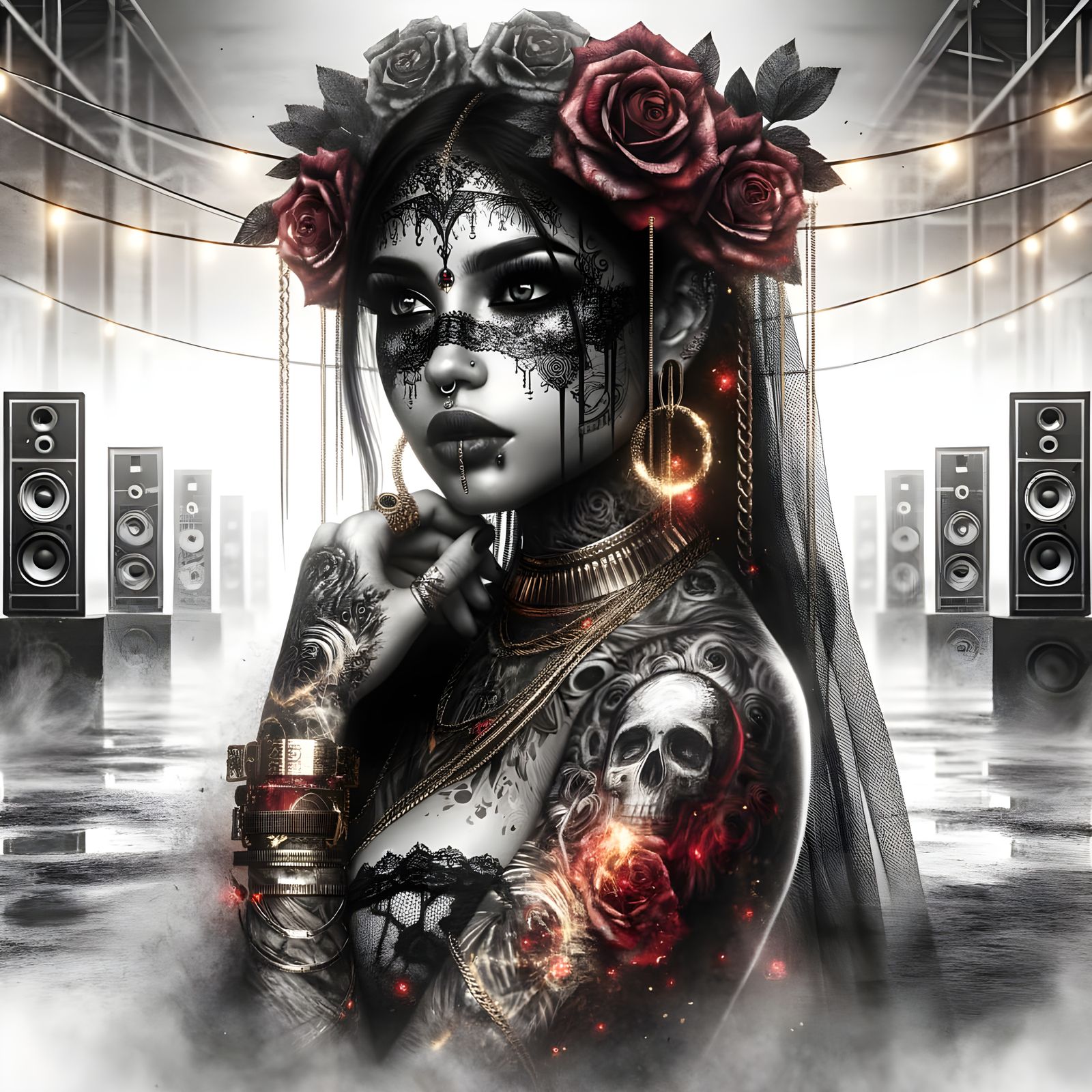 Hispanic Warrior Portrait in Double Exposure Charcoal Art