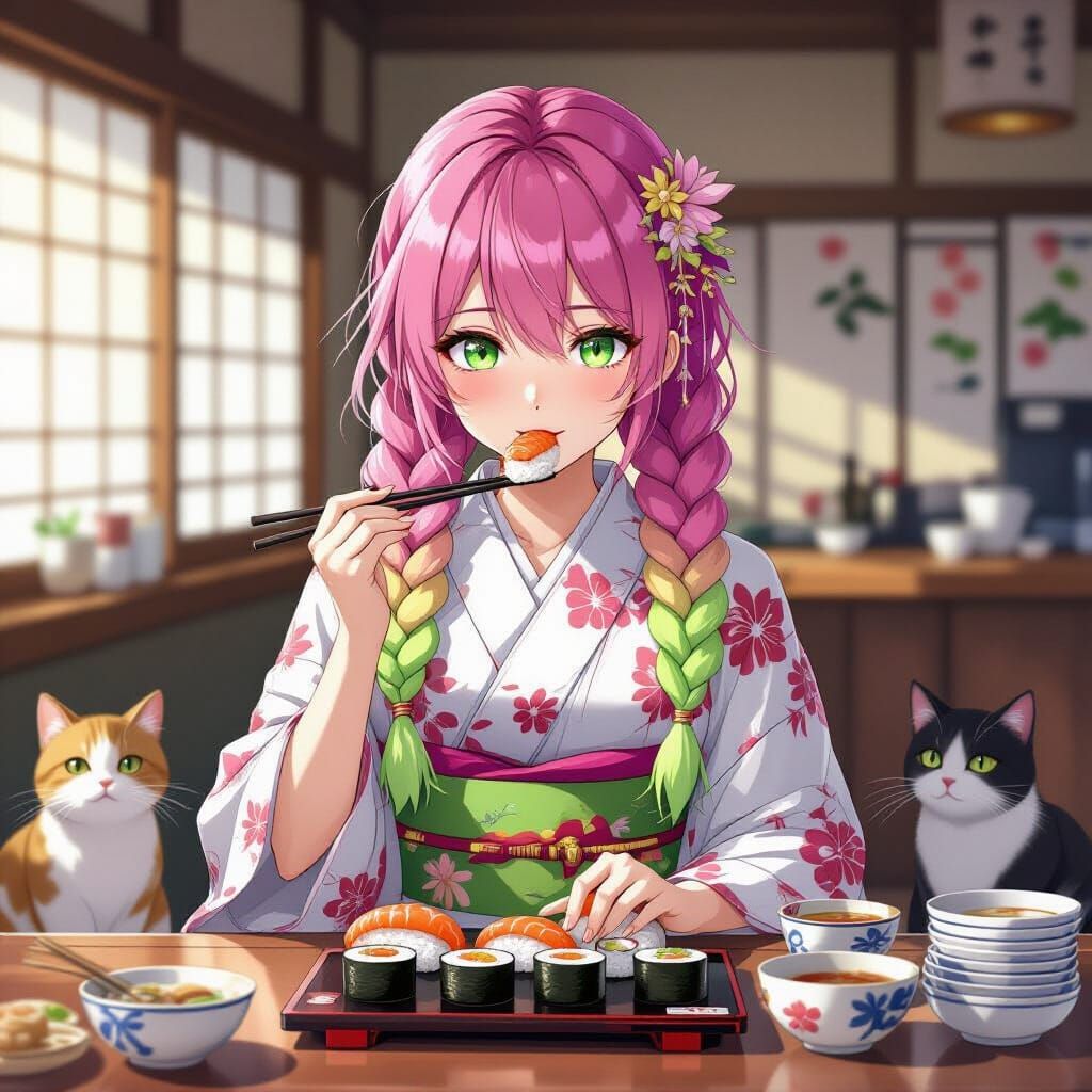 Anime Girl with Pink Hair Eating Sushi