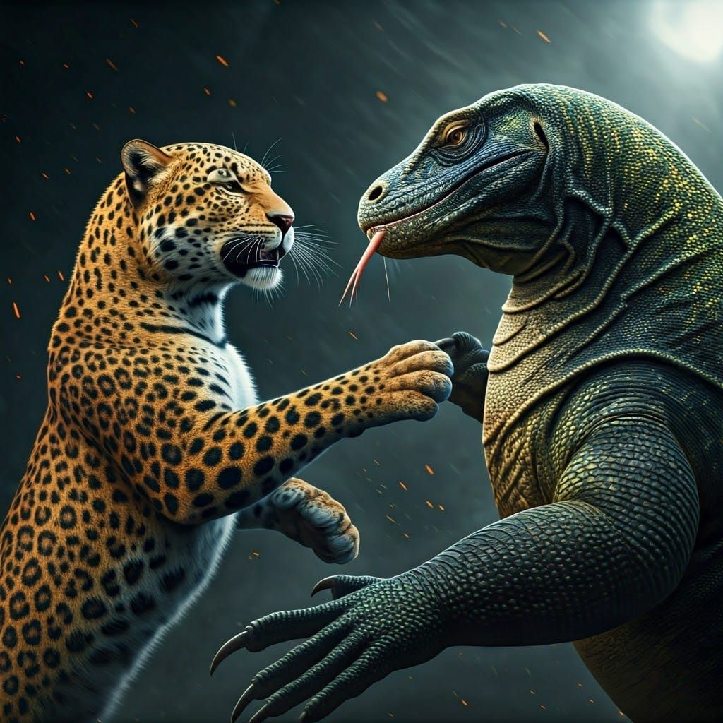 Leopard Punches Komodo Dragon in 3D Game Style
