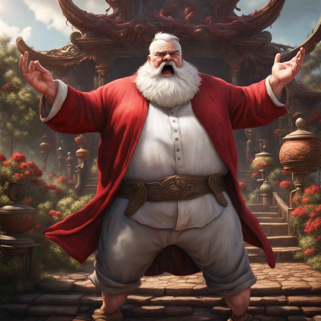 Angry Man in Red Dress: Detailed Matte Painting