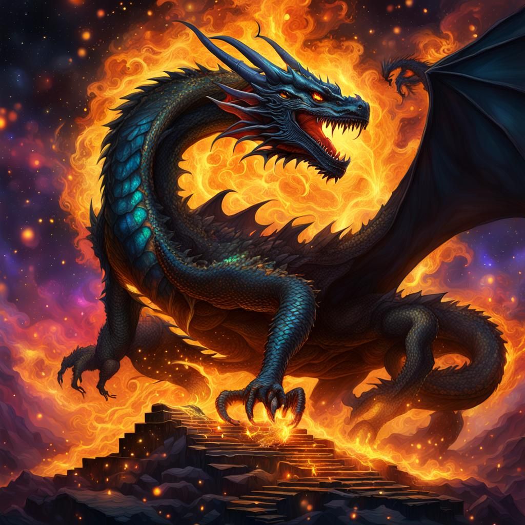 Black Fire Dragon on Gold Pile: Cosmic Illustration