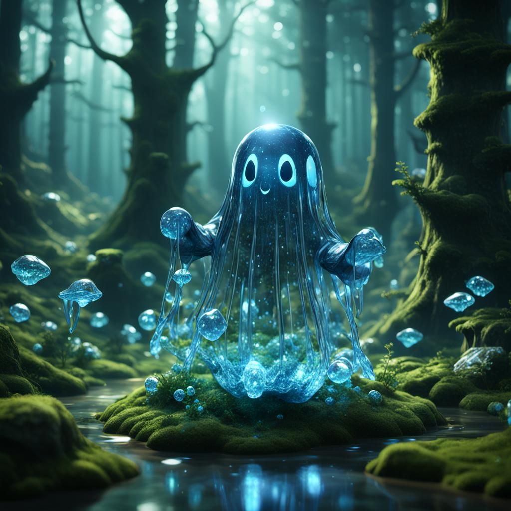 blue reflective crystal ghost flying through saran rap that has alka seltzer bubbles and glitter inside floating aroun...