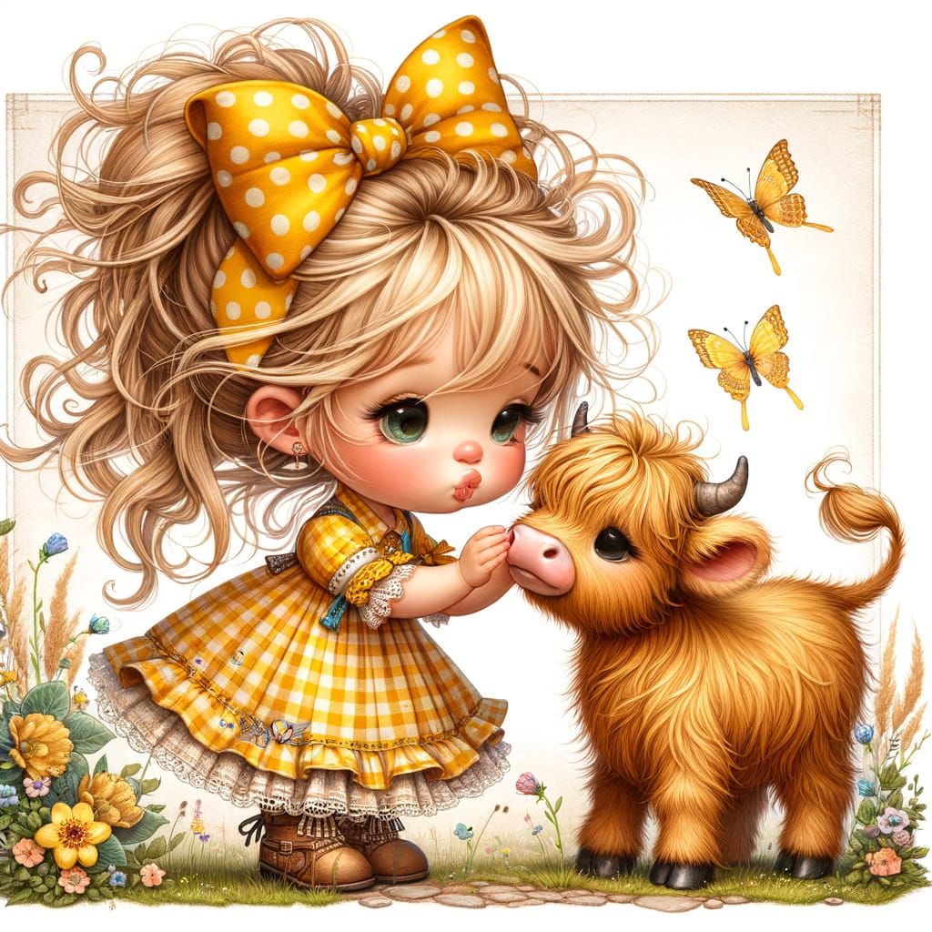 Whimsical Country Girl Kisses Highland Cow in Storybook Sett...