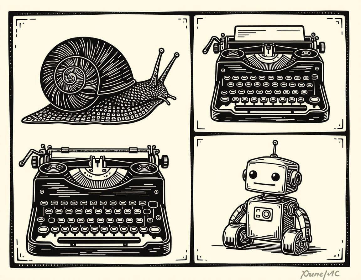 Minimalist Linocut Triptych: Snail, Typewriter, Robot