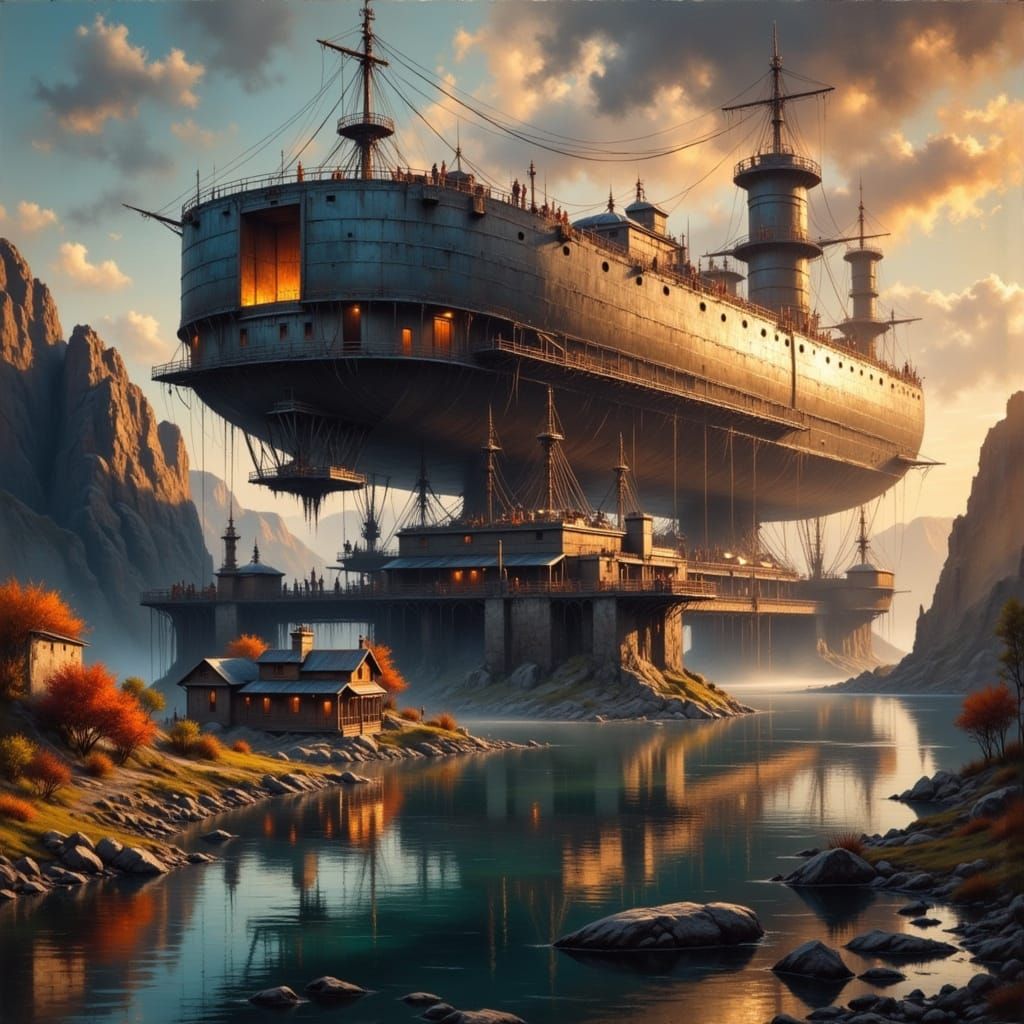 Steel Construction with Airships in Impressionist Style