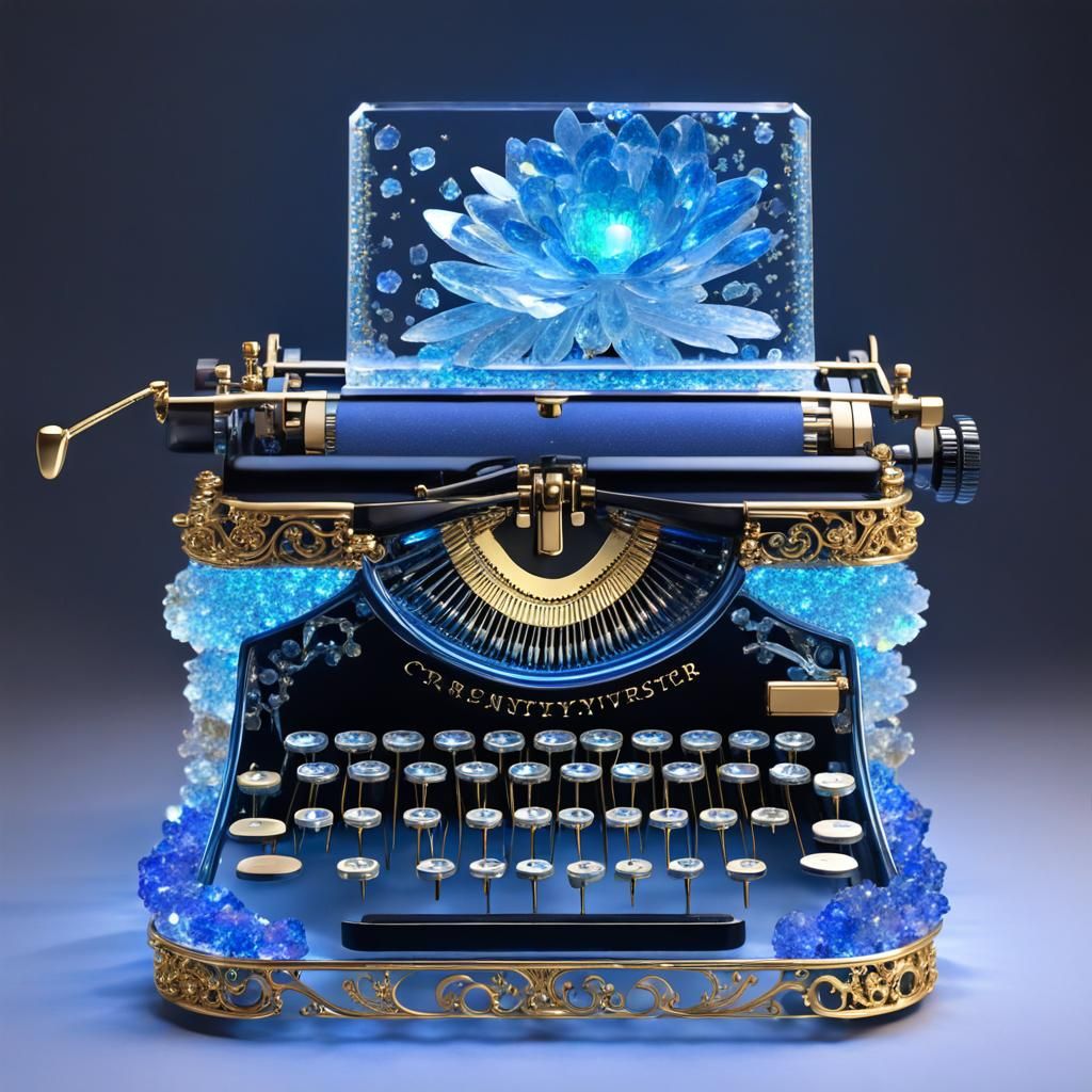 Crystallized Typewriter on Flower: Bioluminescent Fantasy Ar...