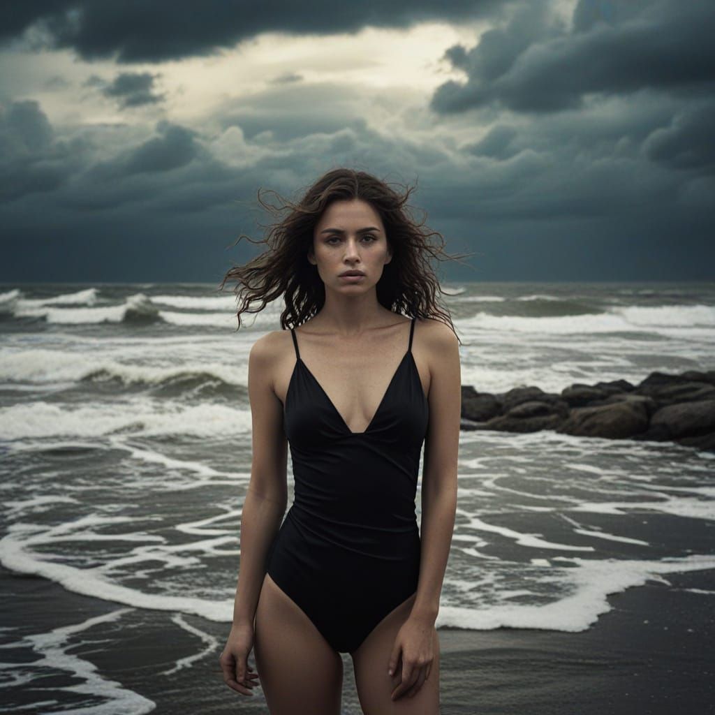 Woman on Desolate Shore in Melancholic Film Still