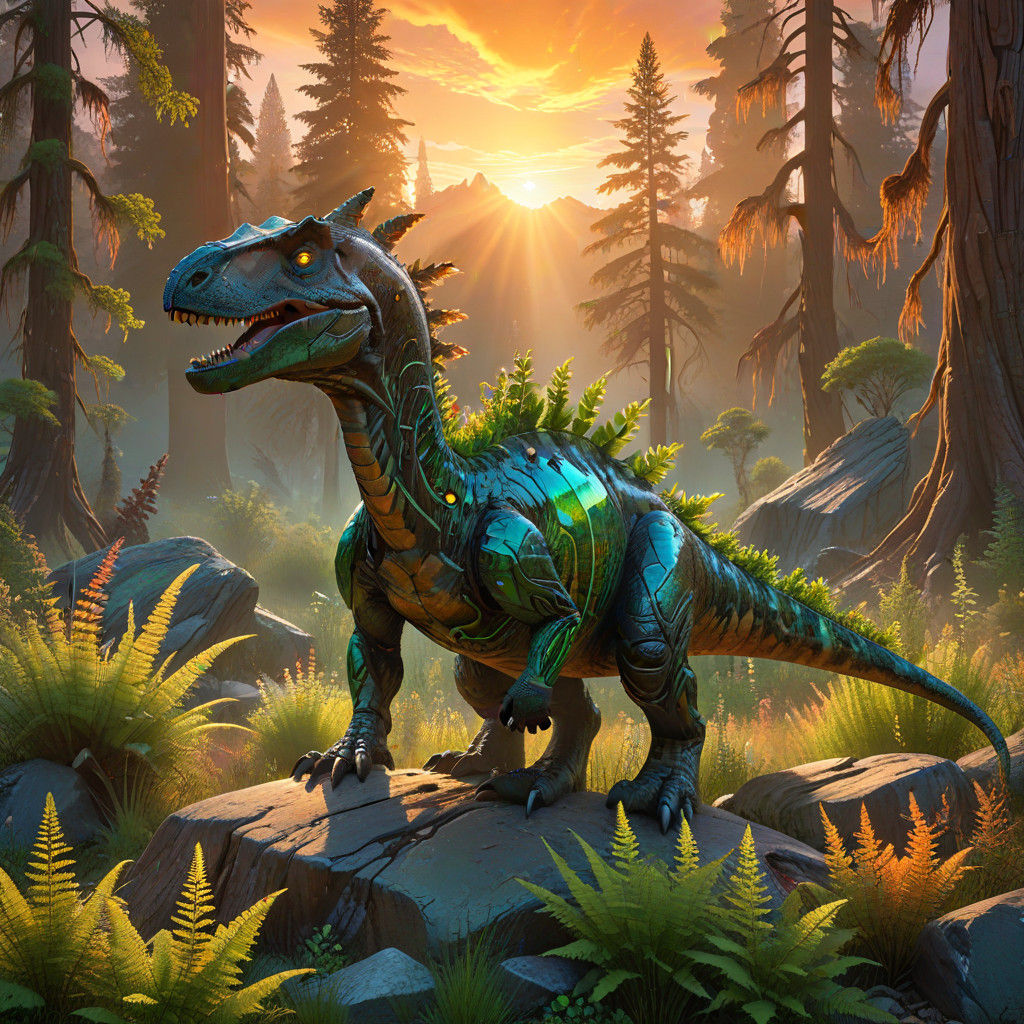 Vibrant Gemstone Landscape with Majestic Dinosaur