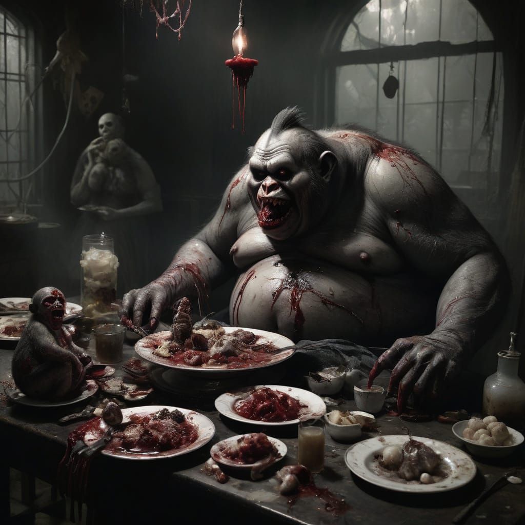 Morbid Zombie Monkey Monster Clown in Dark, Grotesque Art