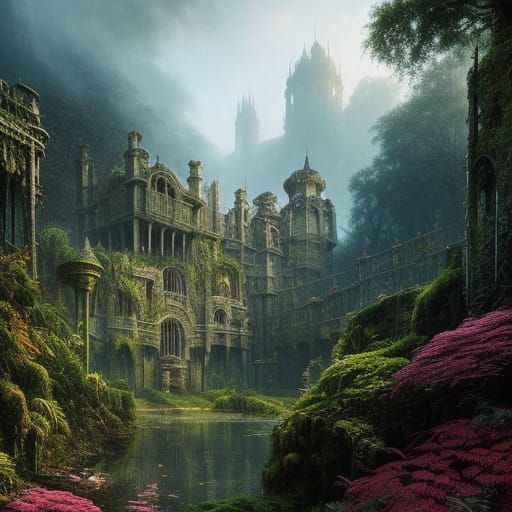 Overgrown Castle Ruins in Lush Jungle, Digital Painting
