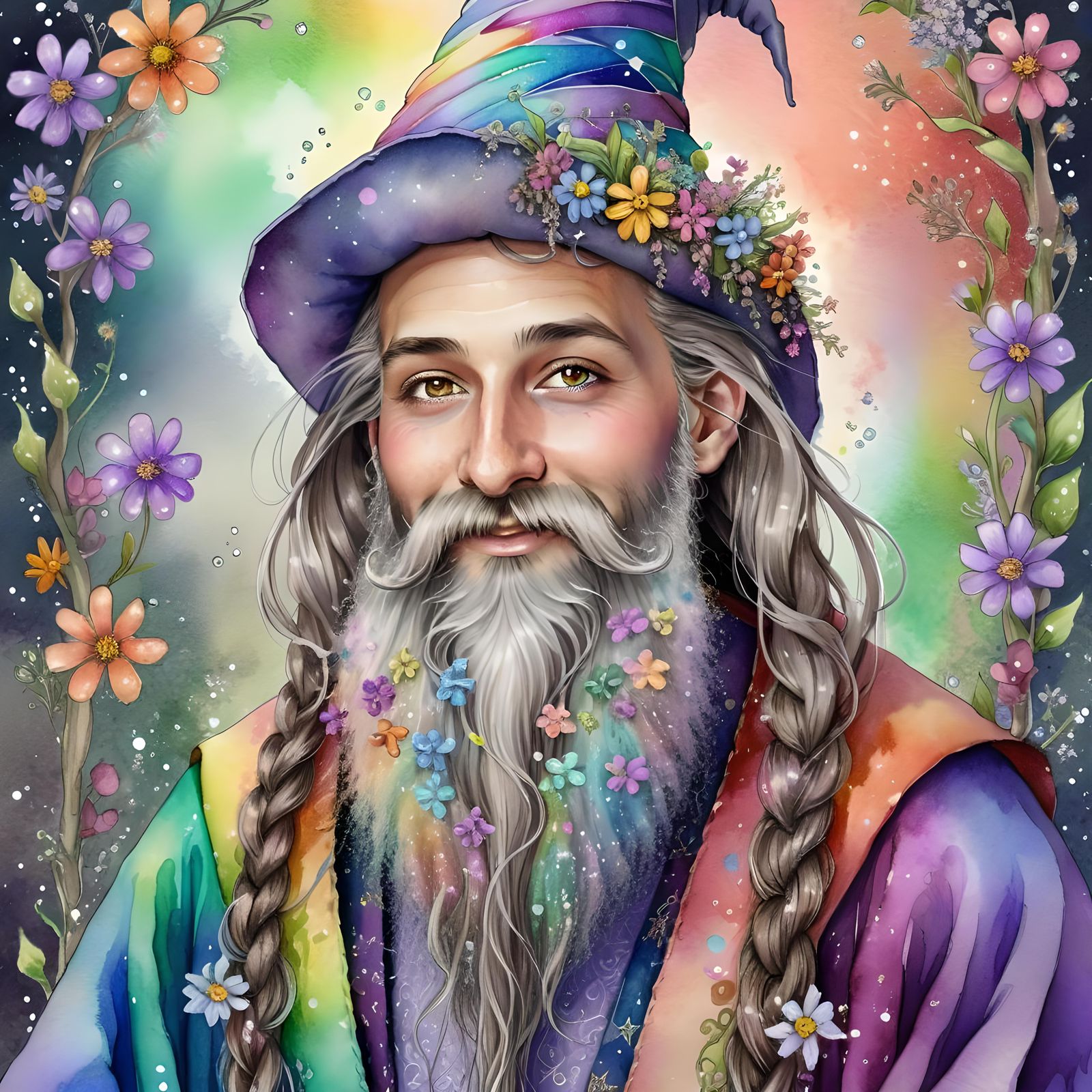 Charming Whimsical Wizard Portrait with Floral Beard