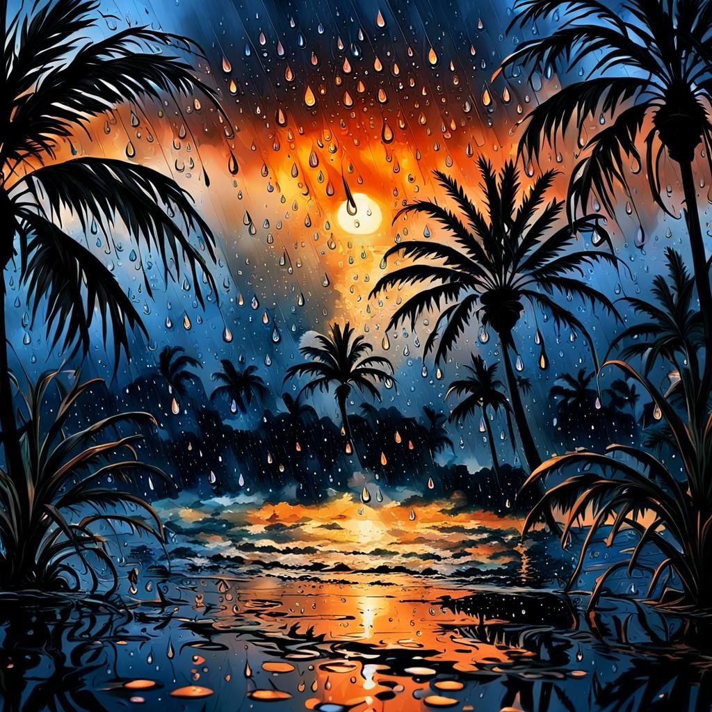 Tropical Island Monsoon Sunset with Heavy Rain