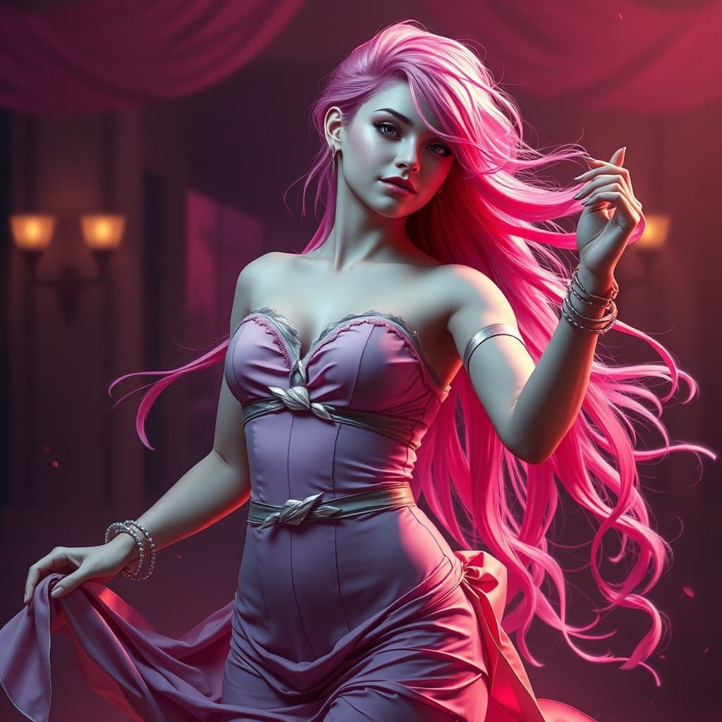Ethereal Pink-Haired Goddess Dances in Vibrant Fantasy World