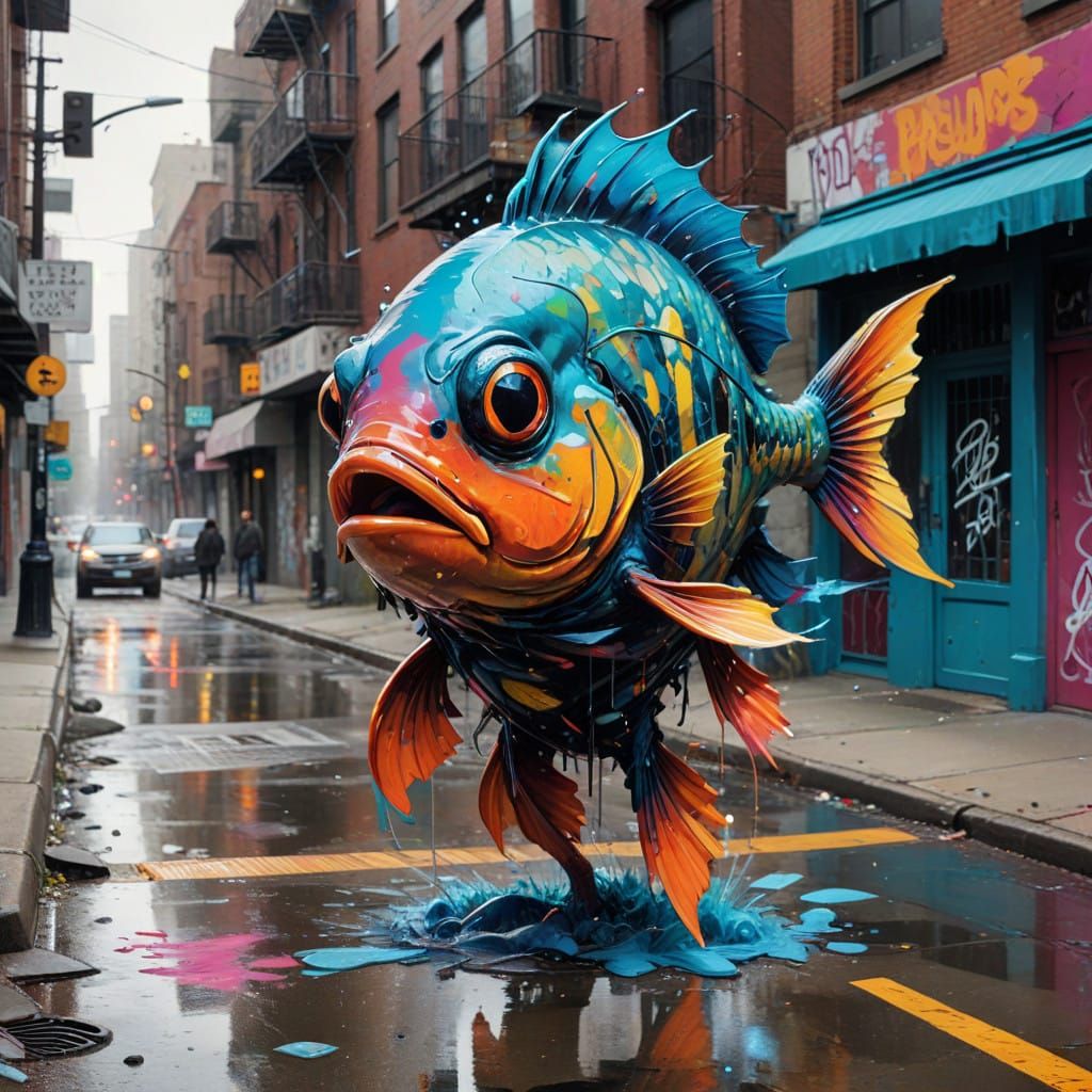Vibrant Street Scene with Anthropomorphic Fish Character