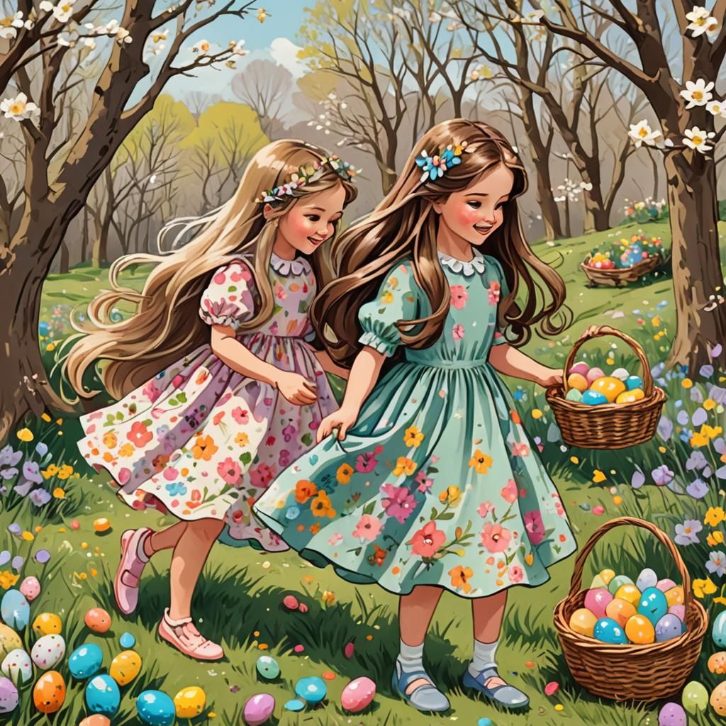 Girls on Easter Egg Hunt in Cartoon Style