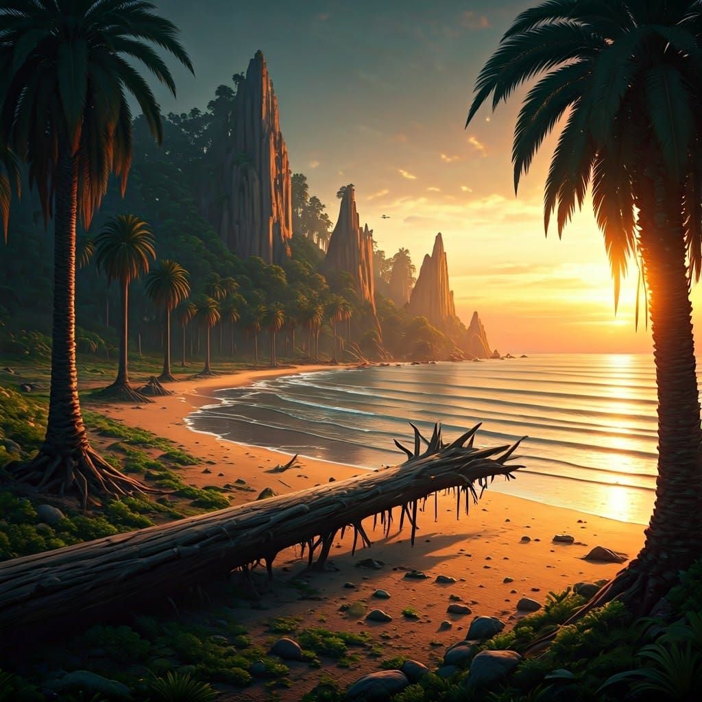 Surreal Sunset on Mystical Beach, Ancient Logs and Palm Tree...