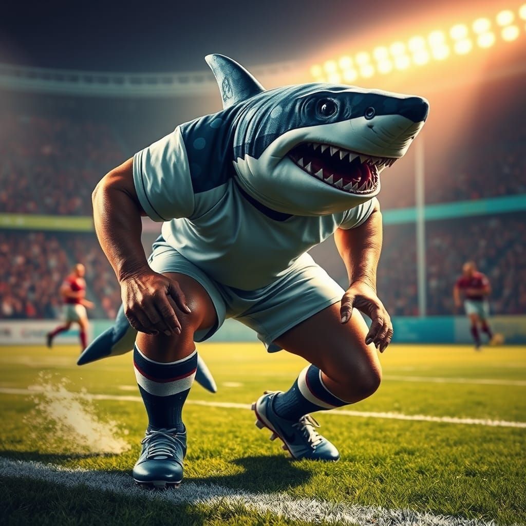 Muscular Shark Ready for Rugby, Hyperrealistic Style