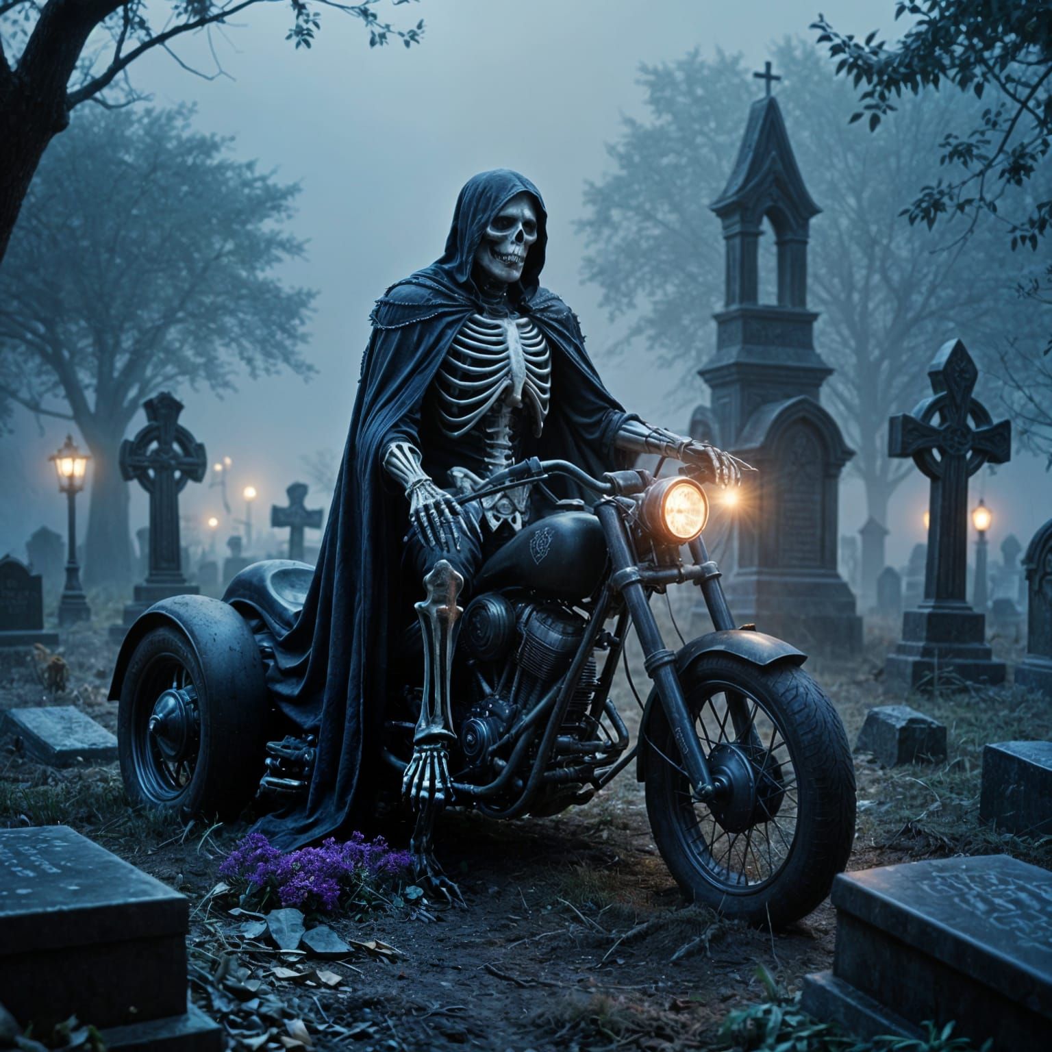 Gothic Skeleton Rides Dark Motorcycle Through Misty Graveyar...