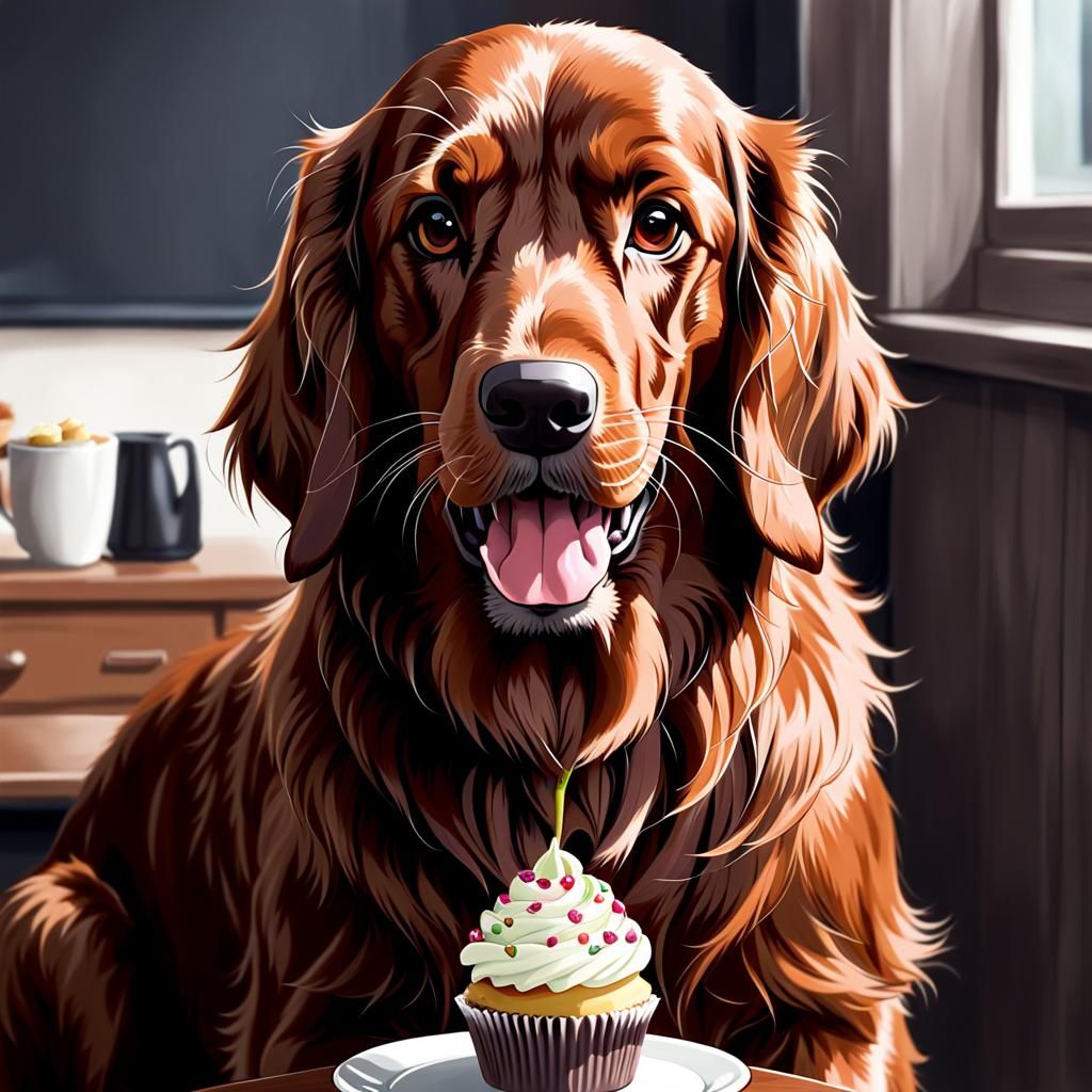 Irish Setter Eating Cupcake in Anime Style