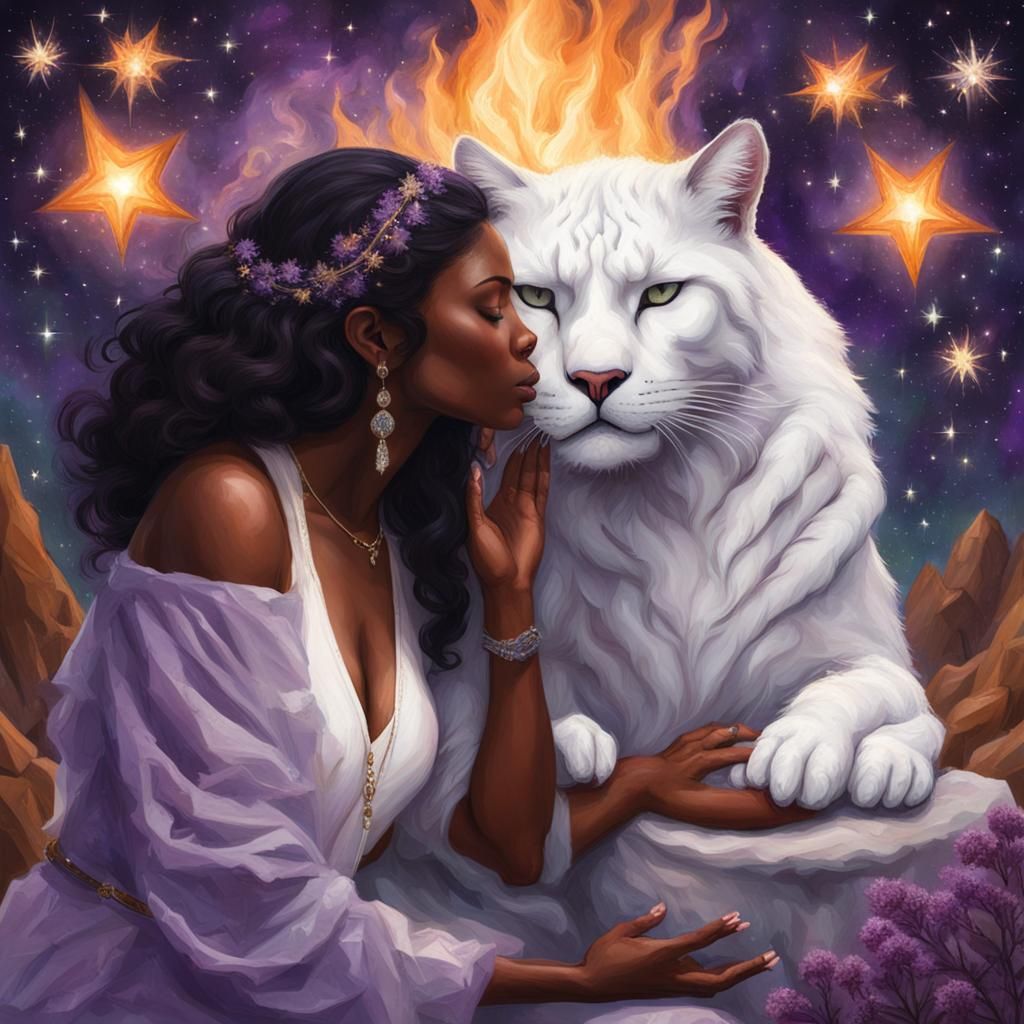 Mystical Kiss with White Cat Under Stars