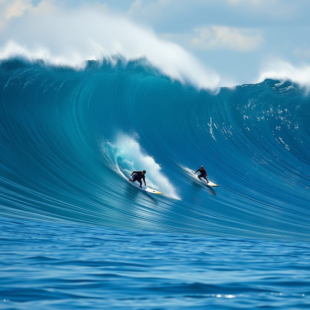 Thrill-Seeking Surfers Ride Majestic Waves in Dreamlike Scen...