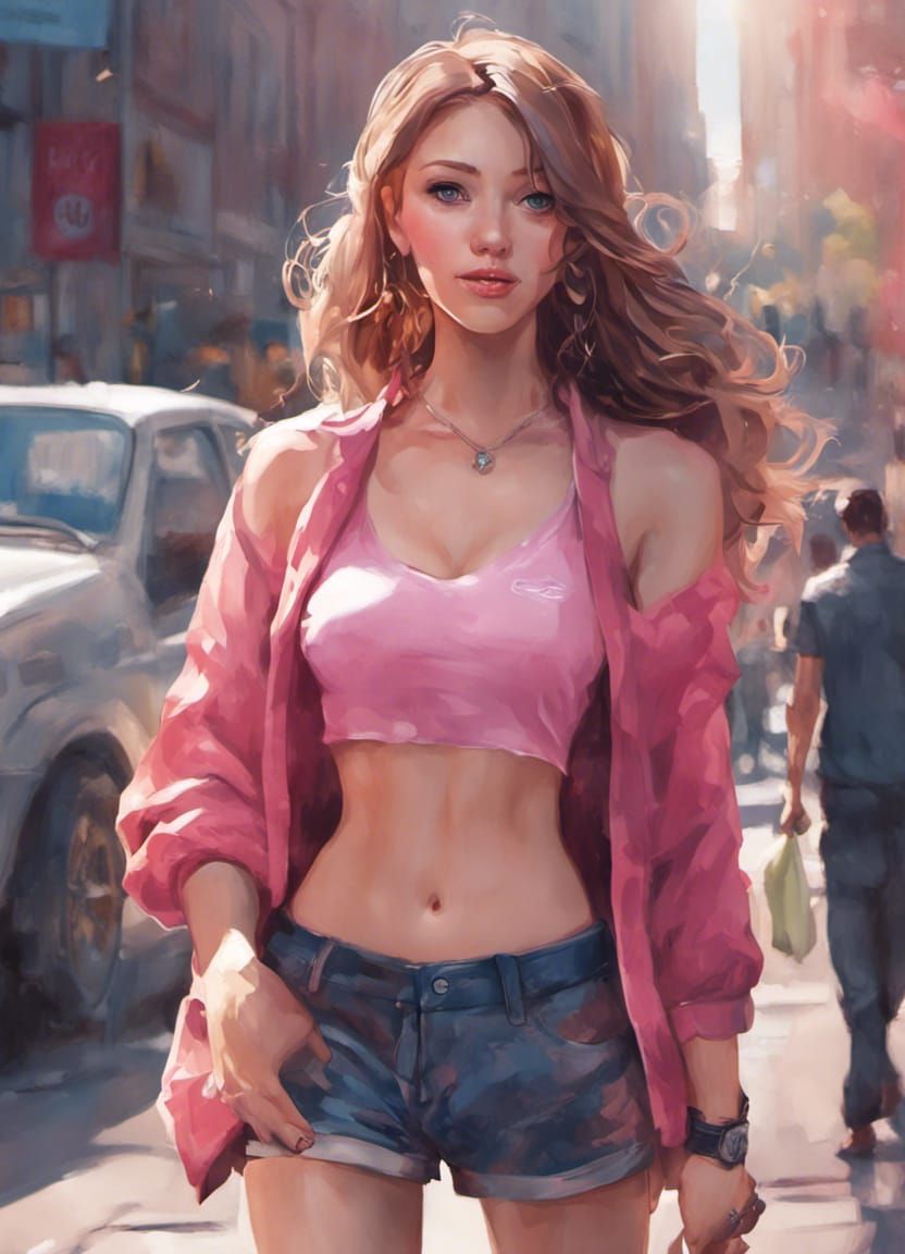 Woman in Pink Crop Top on Busy Street as Acrylic