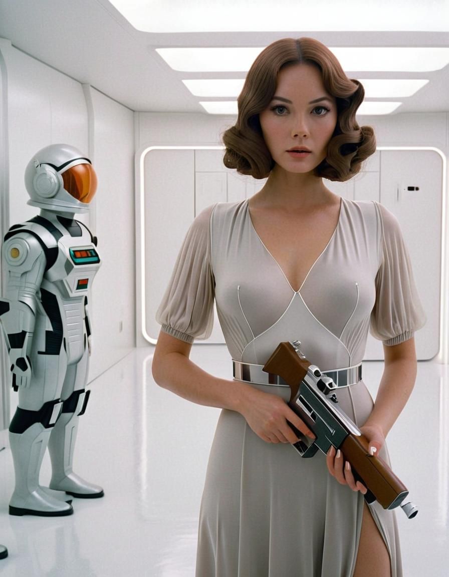 Woman with Ray Gun in 1970s Sci-Fi Style