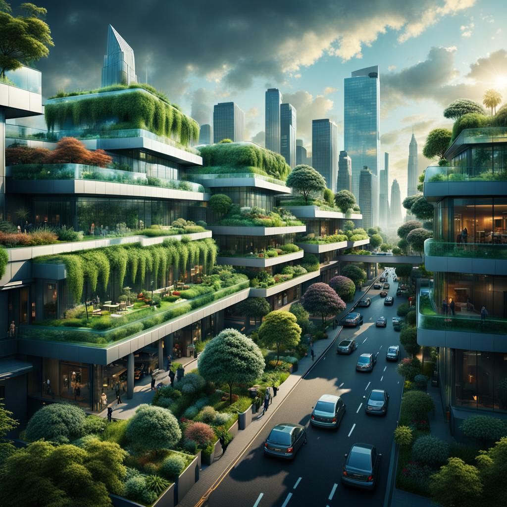 Glass Buildings with Rooftop Gardens in Digital Art