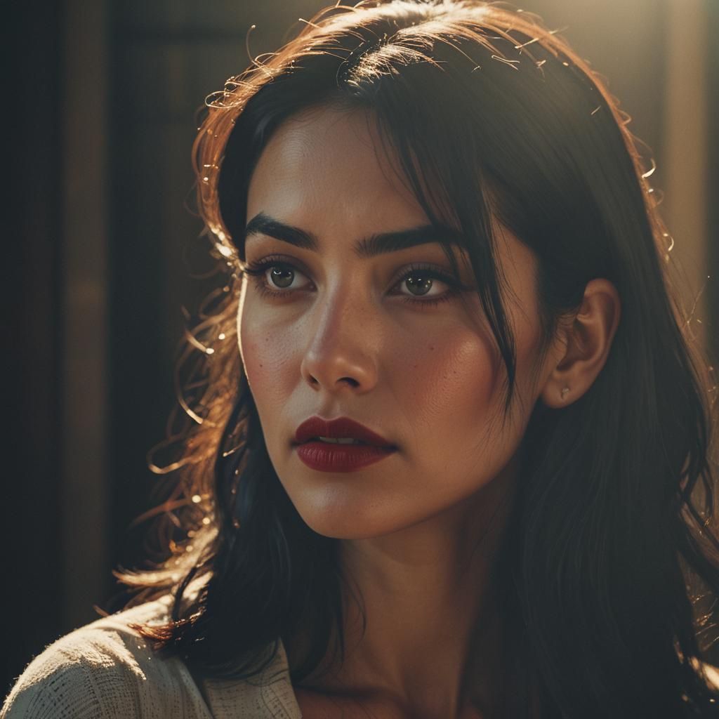 Shy Woman Profile with Red Lips in Cinematic Lighting
