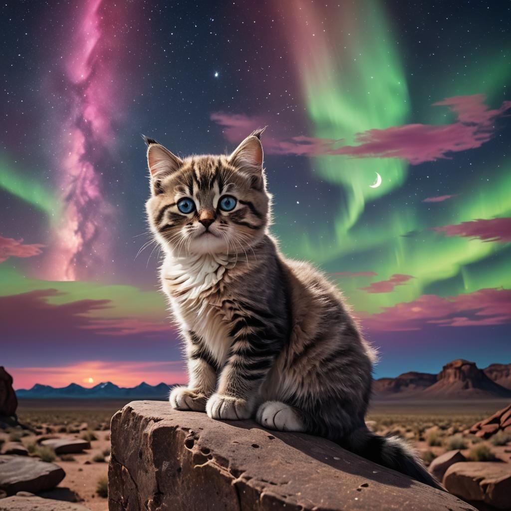 Grumpy Kitten Gazing at Desert Aurora Borealis
