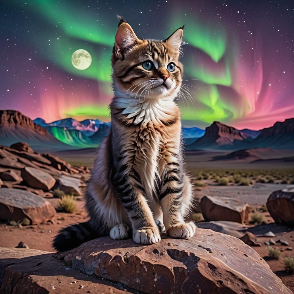 Grumpy Kitten Under Desert Aurora Borealis