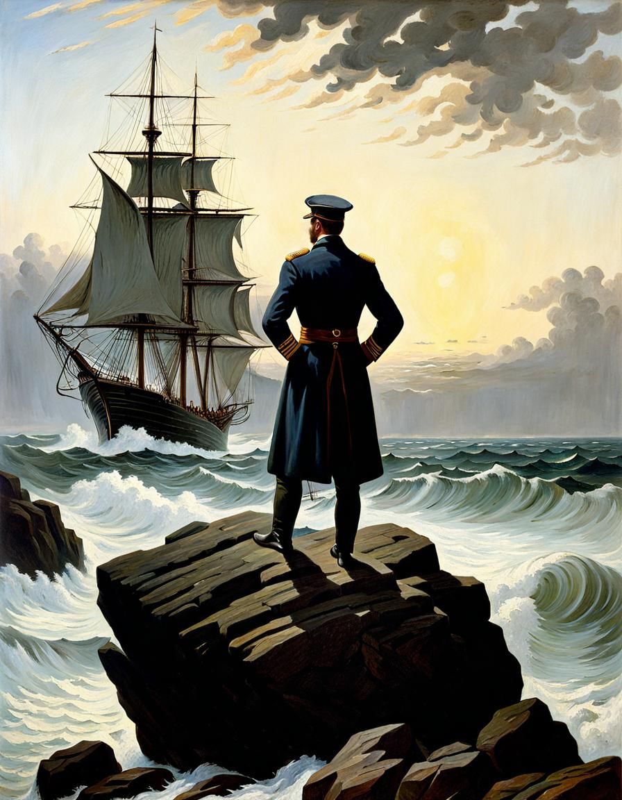 Ship captain stands on a rock and looks at the sea