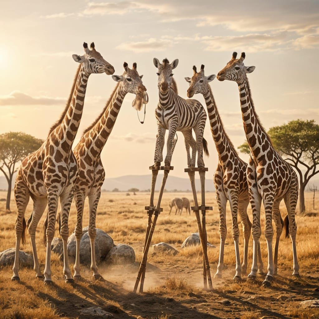 Worried Zebra on Stilts Among Giraffes