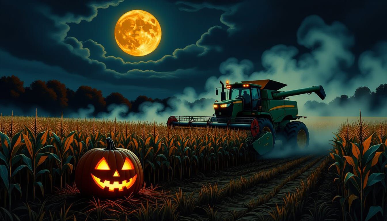 Harvest Moon Halloween Scene with Glowing Jack-o'-lantern