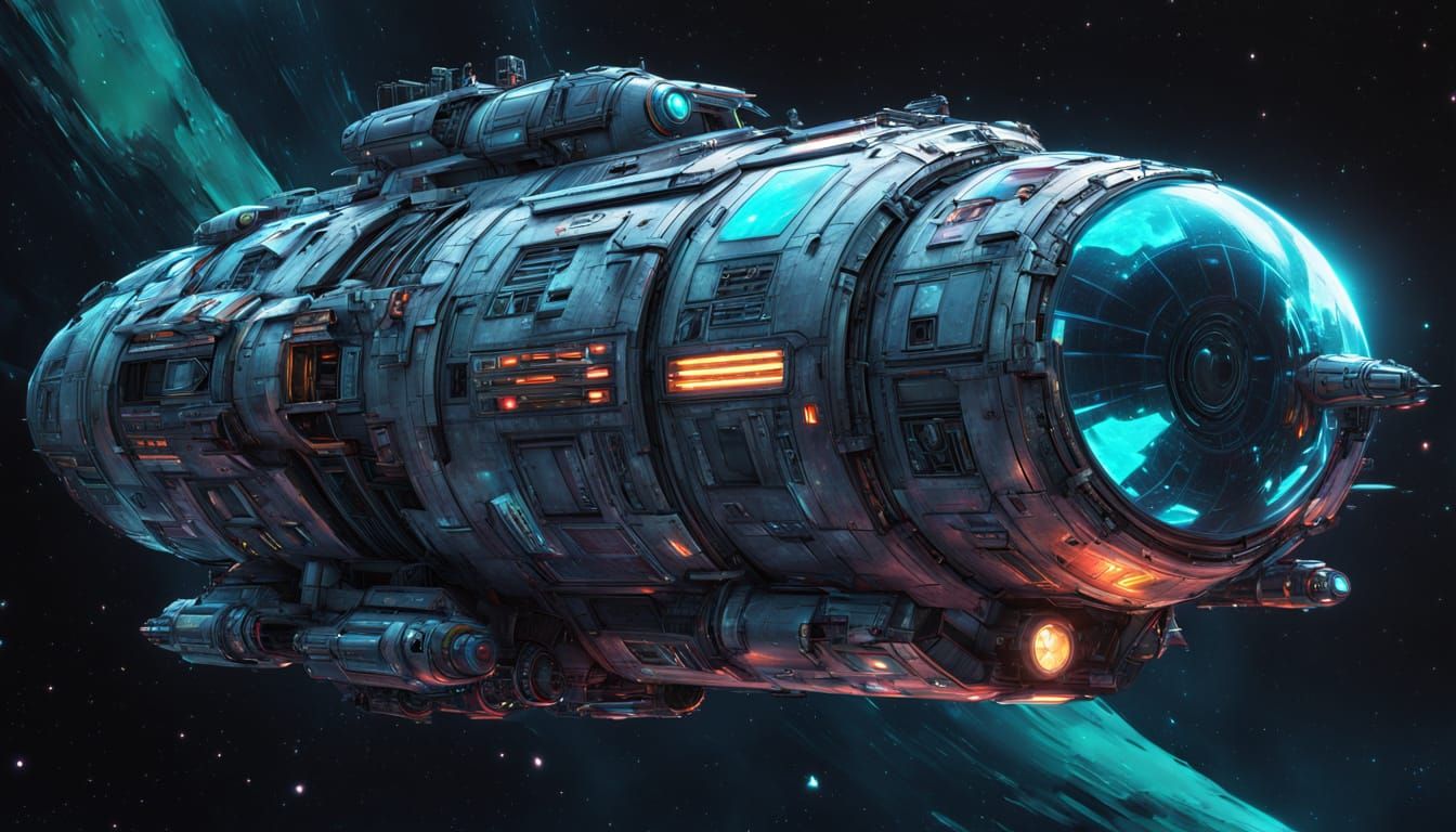 Worn Sci-Fi Spaceship with Laser Cannons in Dynamic Lighting