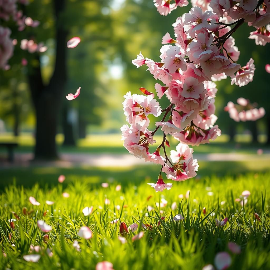 Cherry Blossoms Falling in a Sunlit Park, Romanticism Style