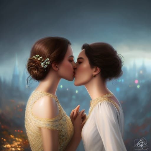 Two Girls Kissing with Engagement Ring, Detailed Portrait