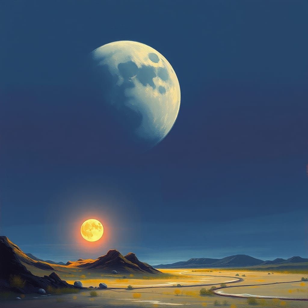 Dual Moonlit Sci-Fi Landscape in Impressionist Style