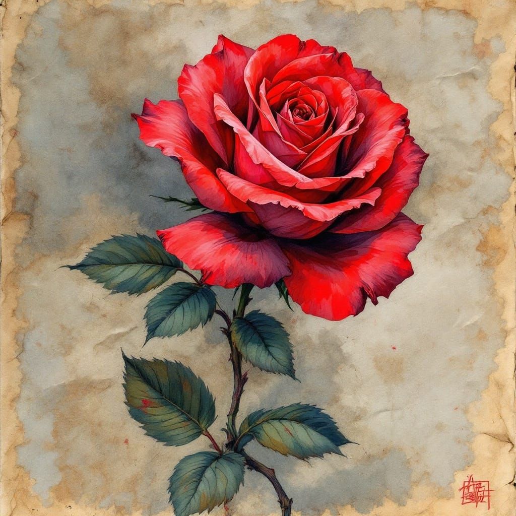 Portrait of a Single Deep Red Rose on Crumpled Parchment Pap...