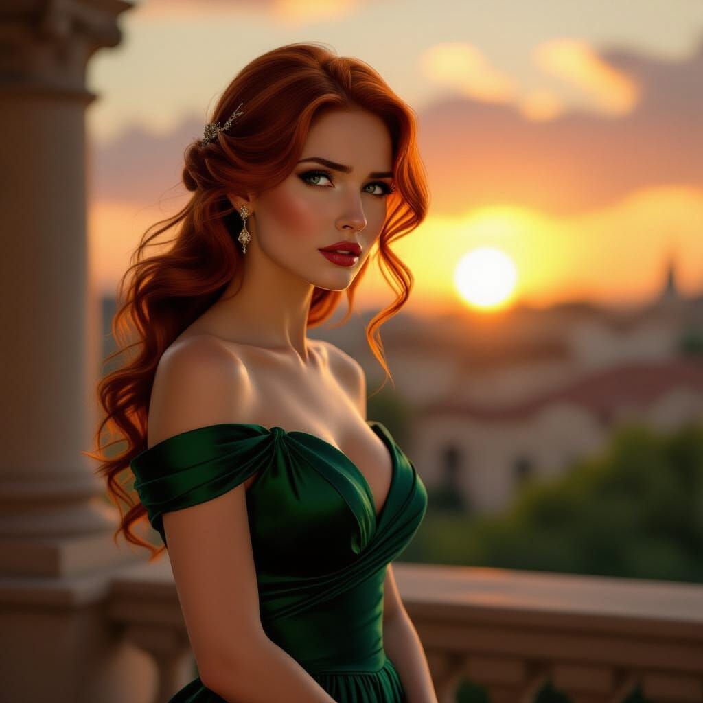 Worried Woman in Emerald Gown at Sunset