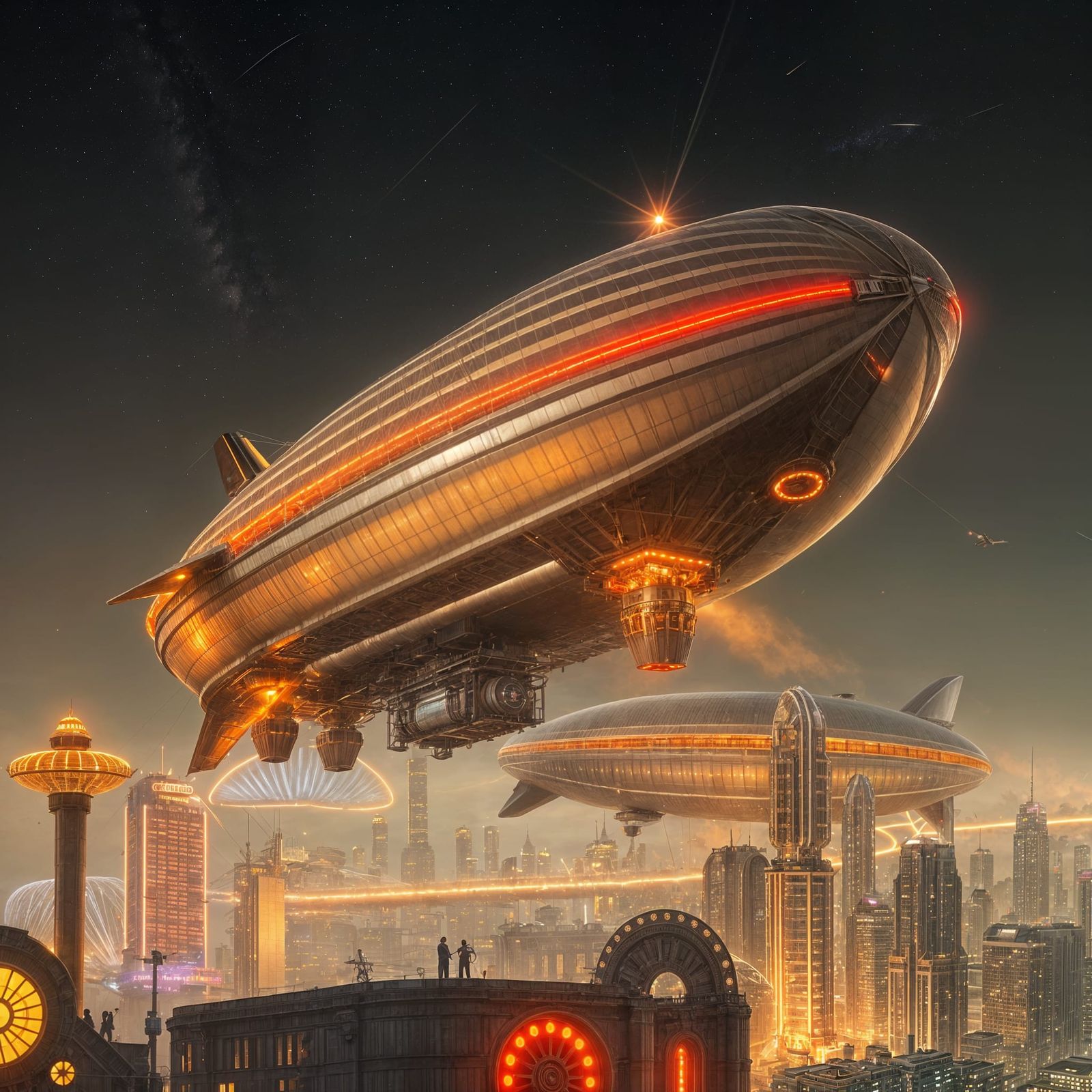 Retro-Futuristic Zeppelin Soars Over a Neon City