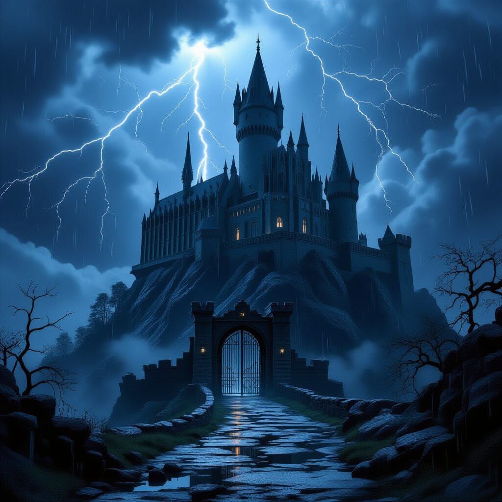 Gothic Castle Under Thunderstorm Sky