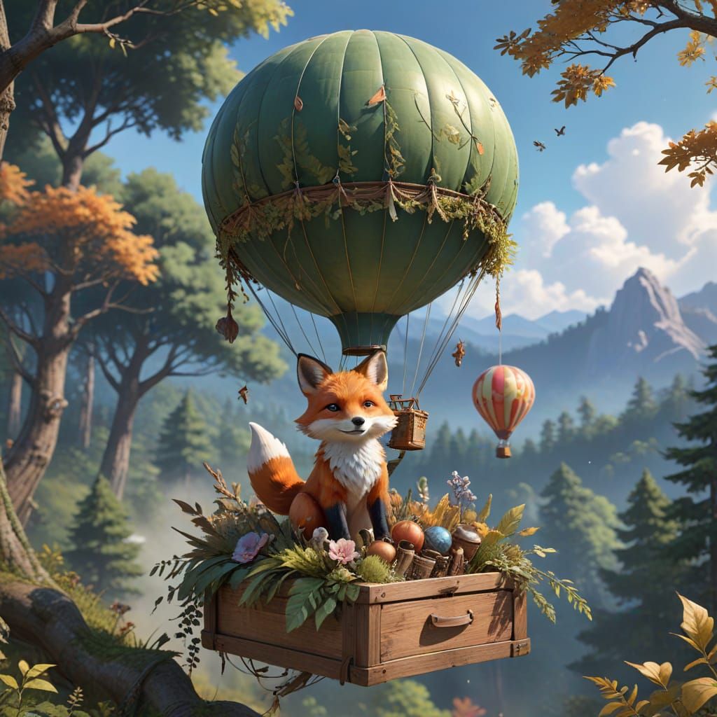 Fox Piloting Hot Air Balloon in Mixed Media Style