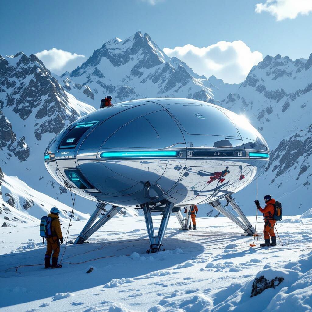 Futuristic HoloNest Shelter on Alpine Glacier